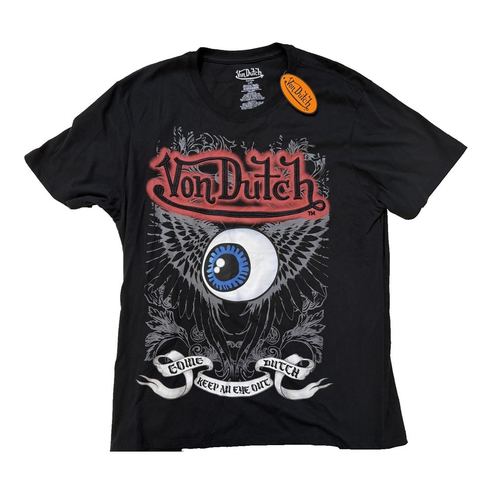 Von Dutch TShirt Mens LG Black Y2K Graphic‎ Tattoo Eye 3D Embroidered Logo NWT